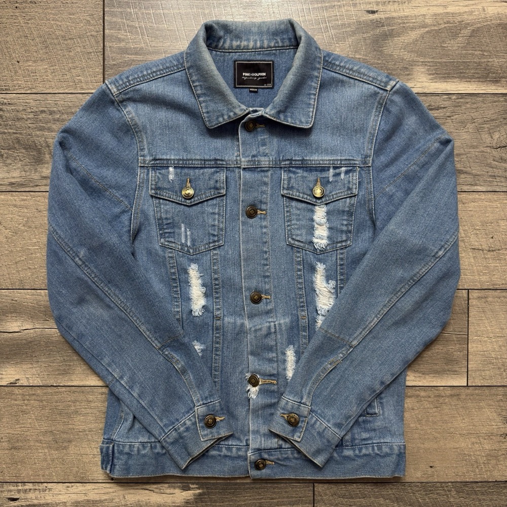 Y2K Pink Dolphin Denim Jacket Mens Medium Pink + Dolphin Distressed Jean‎ Coat